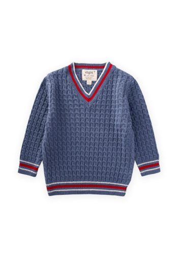 Braided V-Neck Sweater for Ages 2-9 in Indigo Blue