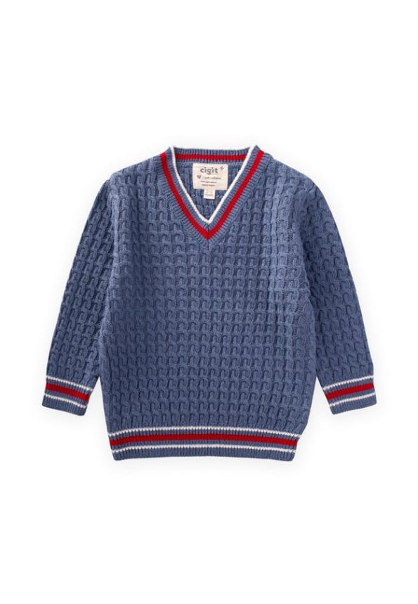 Braided V-Neck Sweater for Ages 2-9 in Indigo Blue
