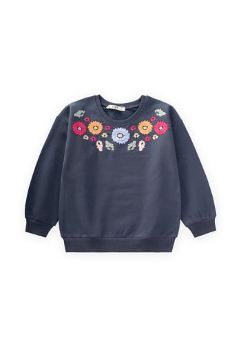 Flower Embroidered Sweatshirt for Ages 2-7 in Navy Blue