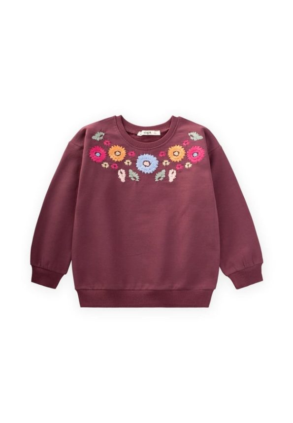 Embroidered Flower Sweatshirt for Ages 2-7 in Plum