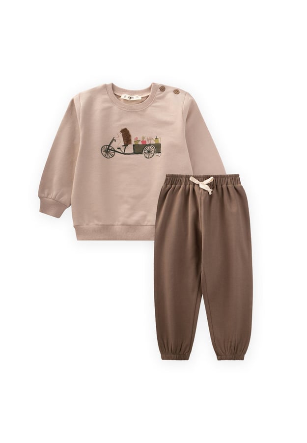 81410-5021kirpi-baskili-sweatshirt-tak-cc5ae0.jpg Hedgehog Printed Sweatshirt Set 0-5 Years Beige