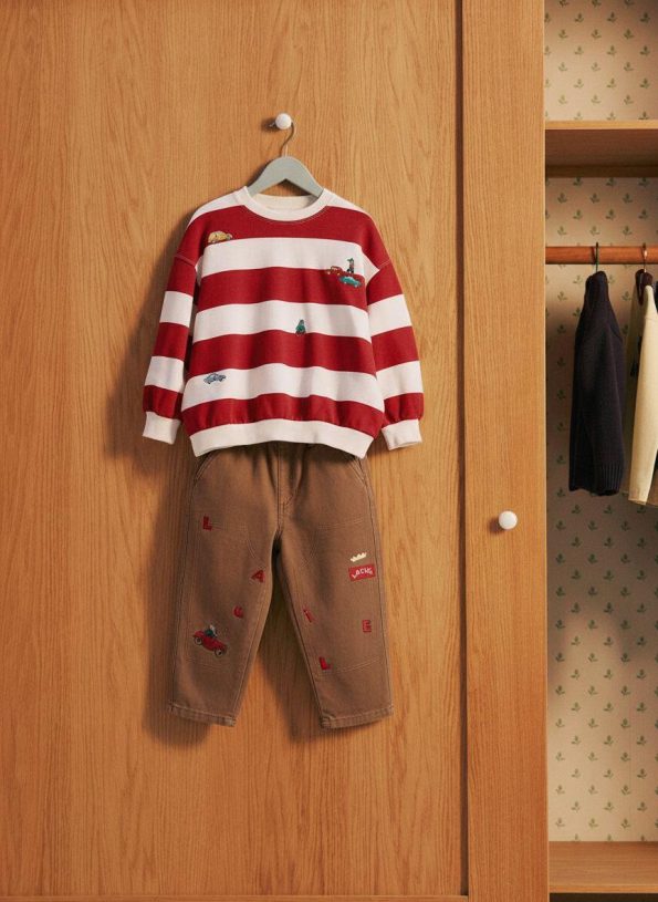 Boys' Cotton Striped Red Sweatshirt and Embroidered Brown Pants Set