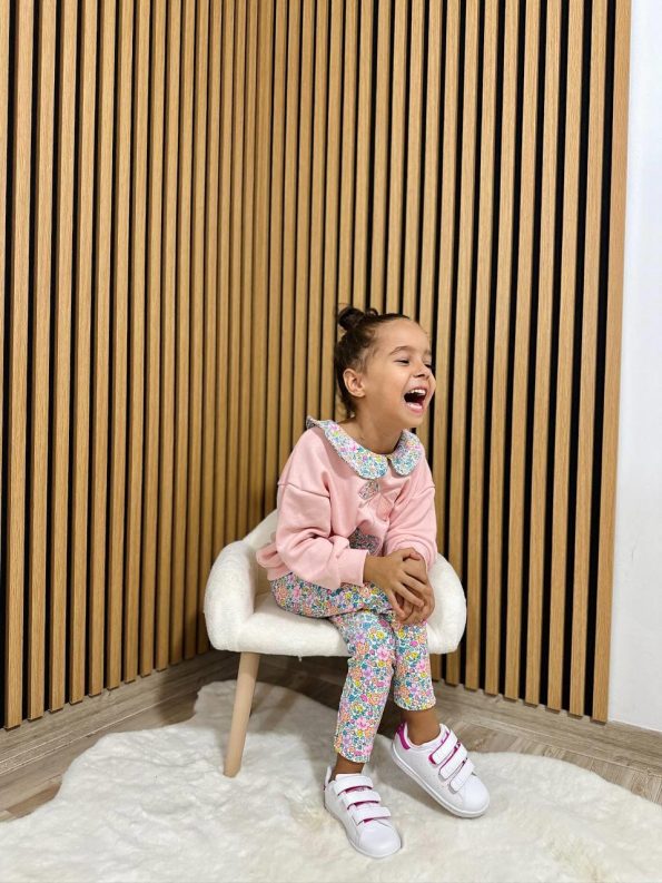 Girls' Cotton Pink Cherry Embroidered Sweatshirt and Floral Pants Set