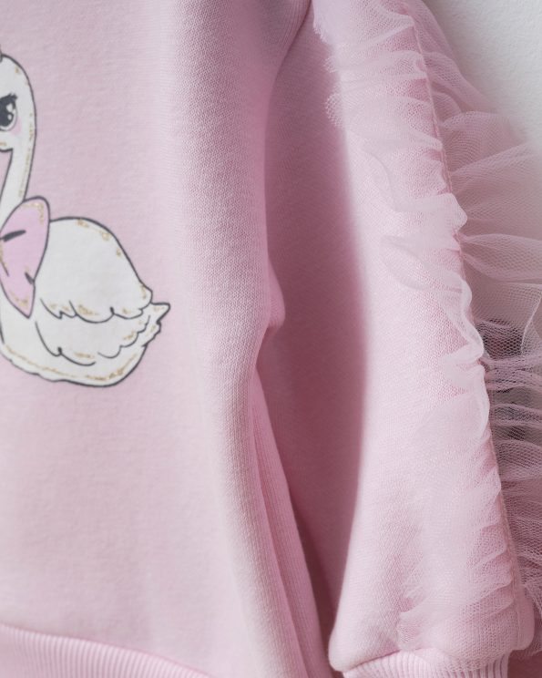 Girls' Cotton Pink Swan Print Sweatshirt and Flared Pants Set