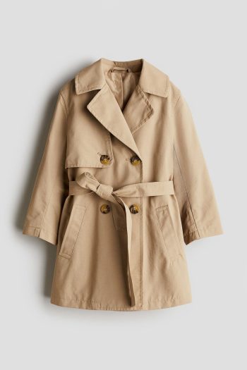 Girls' Cotton Beige Trench Coat with Belt and Pockets
