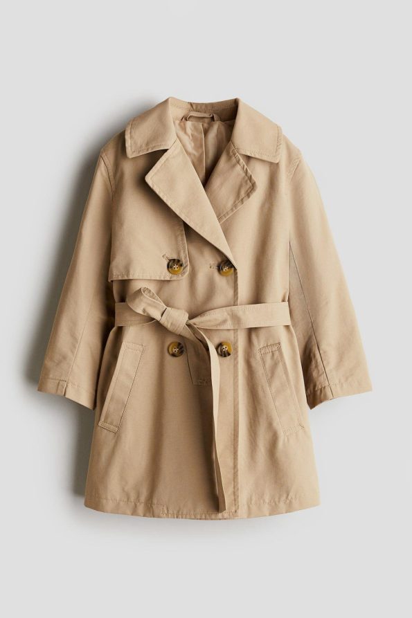 Girls' Cotton Beige Trench Coat with Belt and Pockets