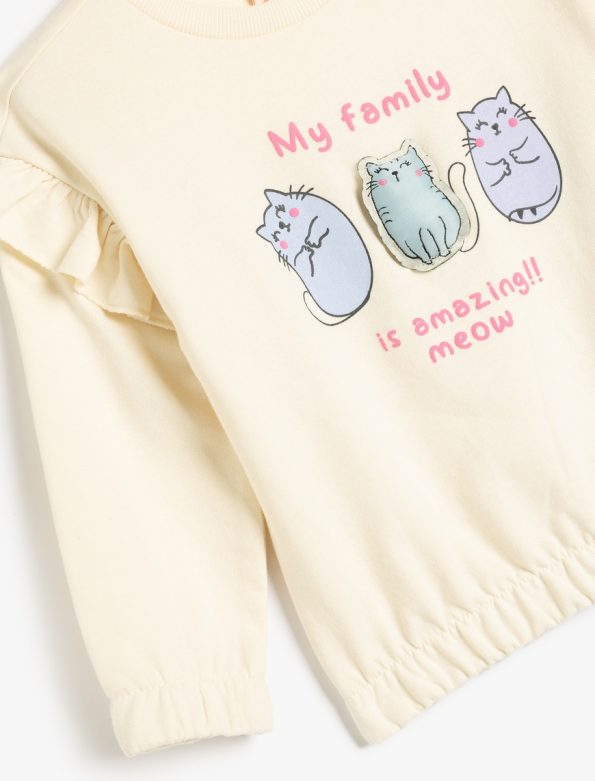 Girls' Long Sleeve Cat Print Cotton Sweatshirt with Ruffle Details