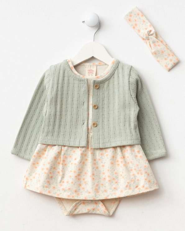 Girls' Cotton Blush Cardigan Flower Pattern 3-Piece Dress Set