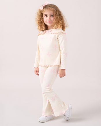 Girls' Cotton Cream Pink Bow Ribbed Set - Long Sleeve Top and Flared Pants