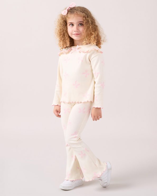 Girls' Cotton Cream Pink Bow Ribbed Set - Long Sleeve Top and Flared Pants