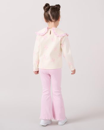 Girls' Cotton Lilac Bow Ruffle Collar Sweatshirt and Flared Pants Set
