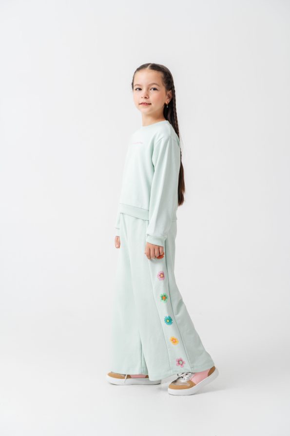 Girls' Cotton Mint Green Floral Embroidered Sweatshirt and Jogger Set