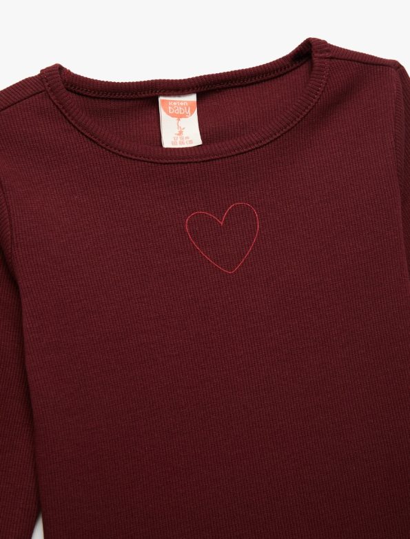 Girls' Cotton Long Sleeve Ribbed Heart Embroidered T-Shirt