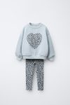 Girls' Cotton Ice Blue Sweatshirt and Leopard Print Leggings Set - Heart Print