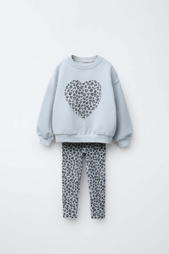 Girls' Cotton Ice Blue Sweatshirt and Leopard Print Leggings Set - Heart Print