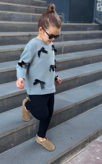 Knitted Bow Detail Sweater and Leggings Set for Girls