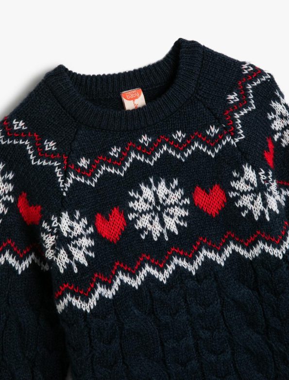 Girls' Round Neck Long Sleeve Patterned Knit Sweater