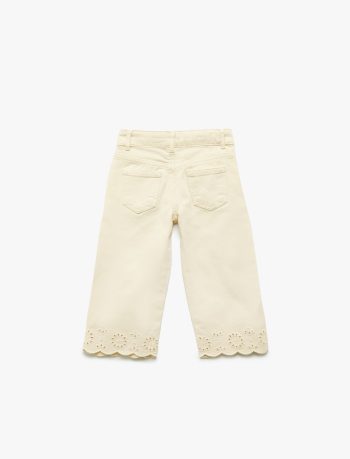 Girls' Floral-Printed Embroidered Cotton Denim Pants
