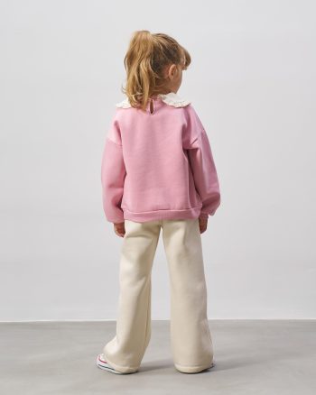 Girls' Cotton Pink Paris Print Sweatshirt and Ecru Pants Set