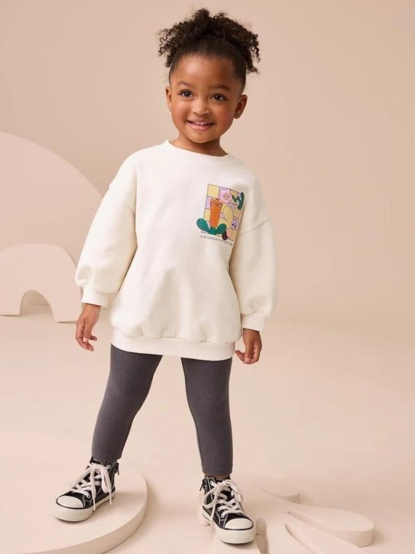 Girls' Cotton White Printed Sweatshirt and Leggings Set