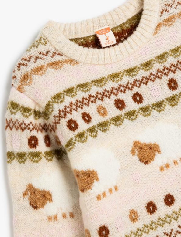 Girls' Baby Knit Sweater with Lamb Pattern and Crew Neck