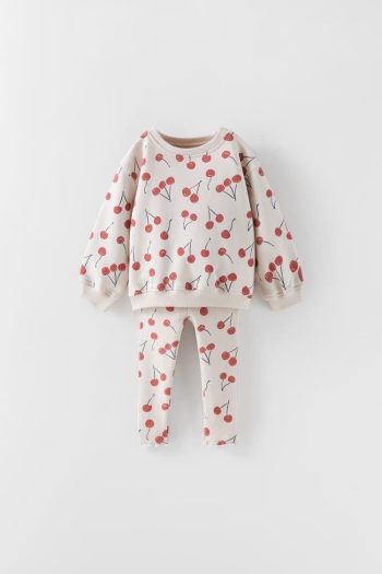 Girls' Cotton Ecru Cherry Print Sweatshirt and Leggings Set