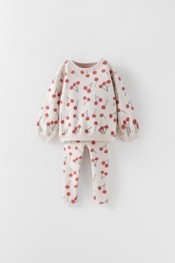 Girls' Cotton Ecru Cherry Print Sweatshirt and Leggings Set