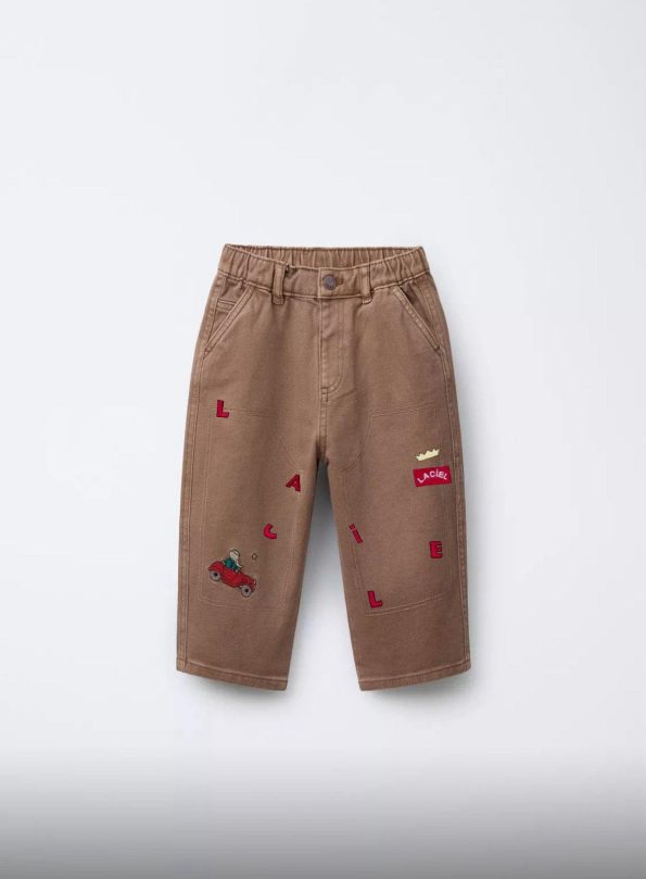 Boys' Cotton Striped Red Sweatshirt and Embroidered Brown Pants Set