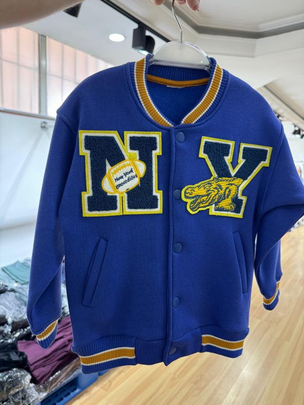 Unisex Kids Cotton Navy College Jacket - Letter and Dragon Applique Bomber Coat