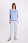 Long Sleeve Velour Pajama Set with V-Neck and Striped Elastic Waist