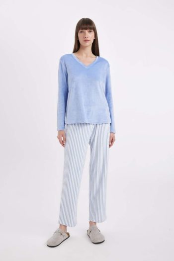 Long Sleeve Velour Pajama Set with V-Neck and Striped Elastic Waist