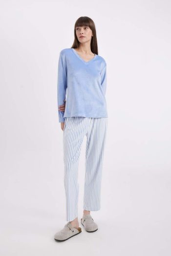 Long Sleeve Velour Pajama Set with V-Neck and Striped Elastic Waist