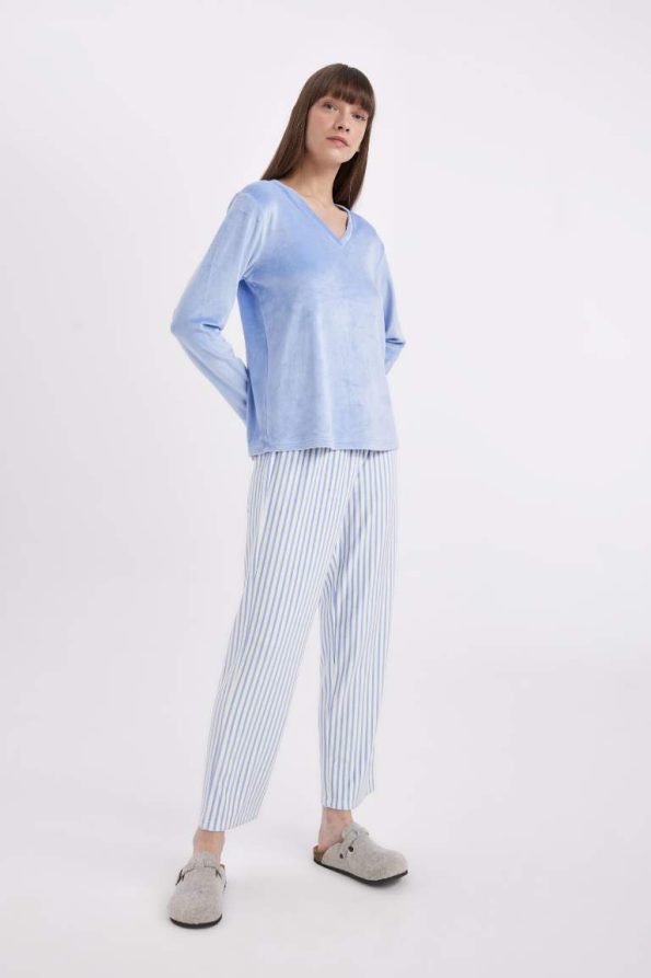 Long Sleeve Velour Pajama Set with V-Neck and Striped Elastic Waist