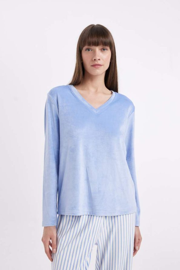 Long Sleeve Velour Pajama Set with V-Neck and Striped Elastic Waist