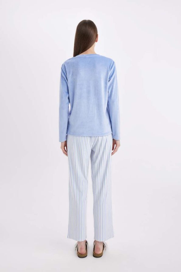Long Sleeve Velour Pajama Set with V-Neck and Striped Elastic Waist