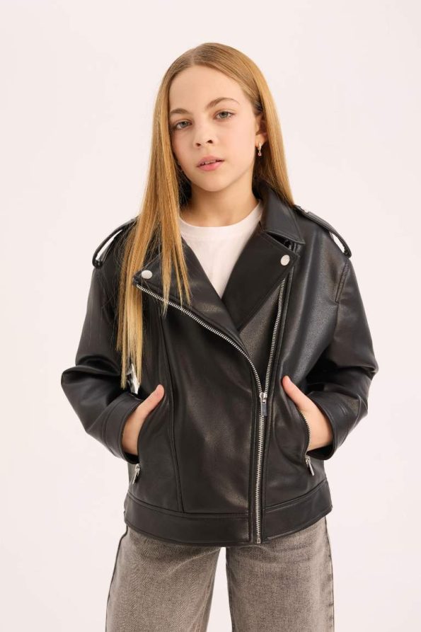 Girls' Waterproof Zippered Faux Leather Jacket