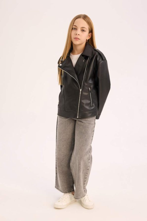 Girls' Waterproof Zippered Faux Leather Jacket