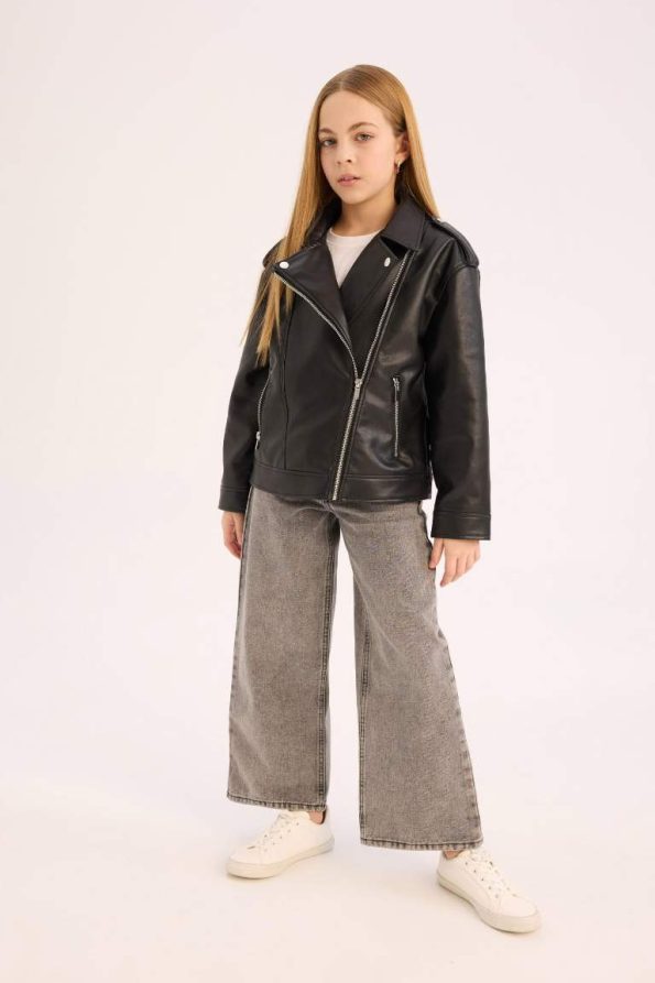 Girls' Waterproof Zippered Faux Leather Jacket