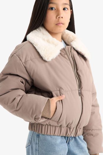 Girls' Faux Fur Collar Zip-Up Jacket
