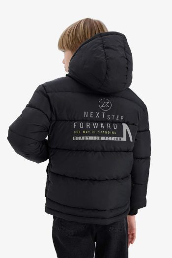 Boys' Water-Resistant Hooded Zippered Puffer Jacket with Back Print