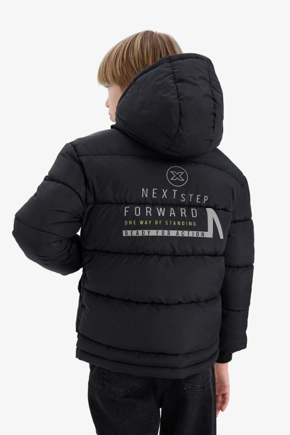 Boys' Water-Resistant Hooded Zippered Puffer Jacket with Back Print
