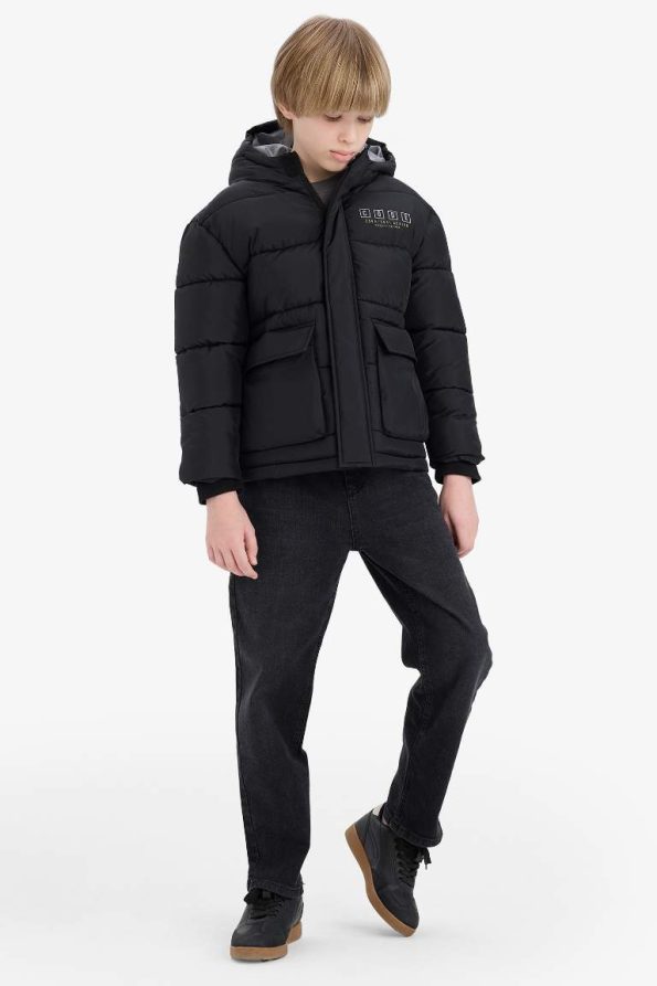 Boys' Water-Resistant Hooded Zippered Puffer Jacket with Back Print