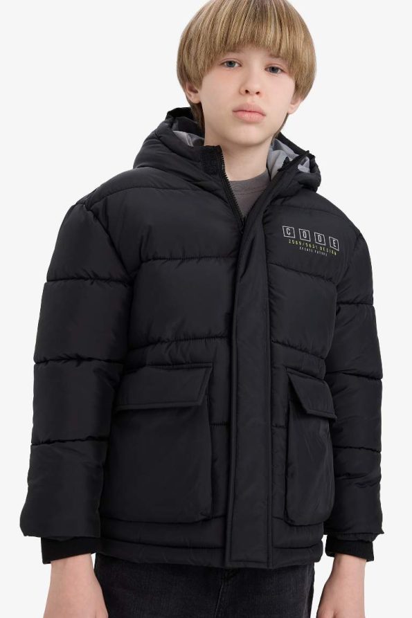 Boys' Water-Resistant Hooded Zippered Puffer Jacket with Back Print