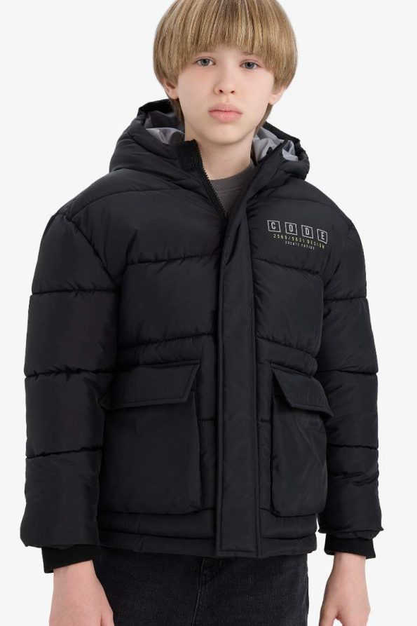 Boys' Water-Resistant Hooded Zippered Puffer Jacket with Back Print