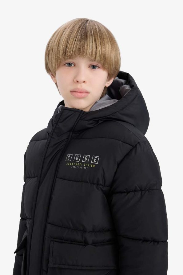 Boys' Water-Resistant Hooded Zippered Puffer Jacket with Back Print
