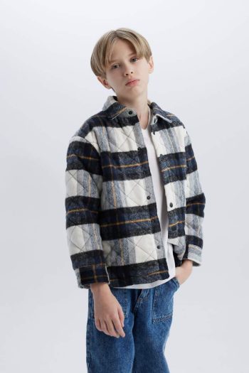 Boys' Oversized Fit Polo Collar Flannel Snap Button Long Sleeve Shirt Jacket