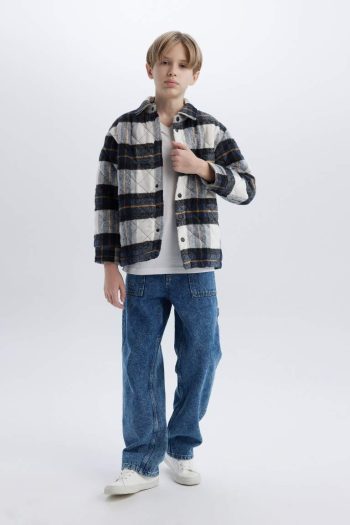 Boys' Oversized Fit Polo Collar Flannel Snap Button Long Sleeve Shirt Jacket