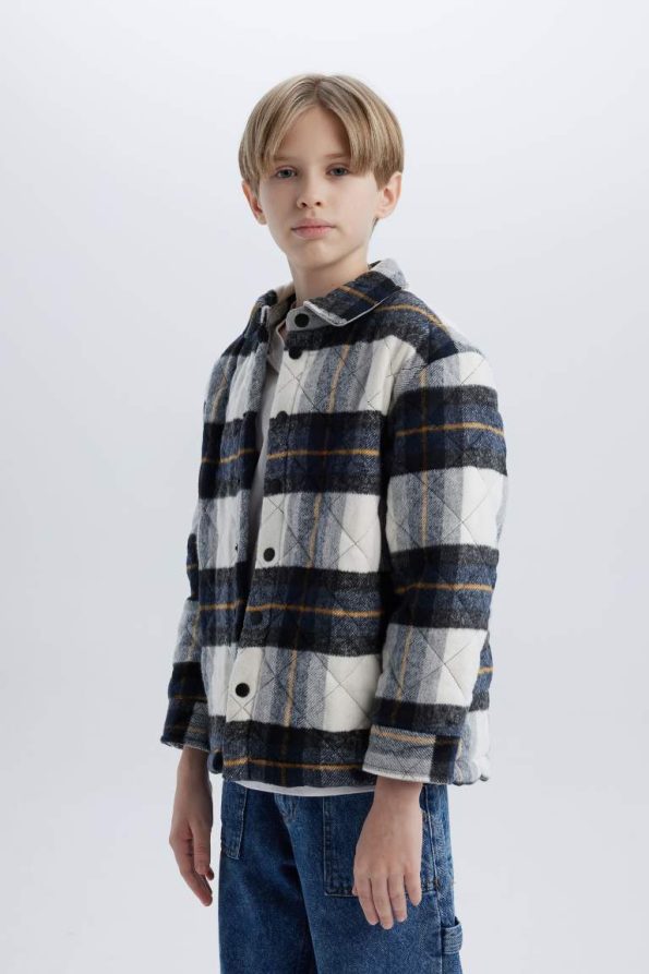 Boys' Oversized Fit Polo Collar Flannel Snap Button Long Sleeve Shirt Jacket