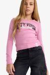 Girls' Slim Fit Printed Ribbed Long Sleeve T-Shirt