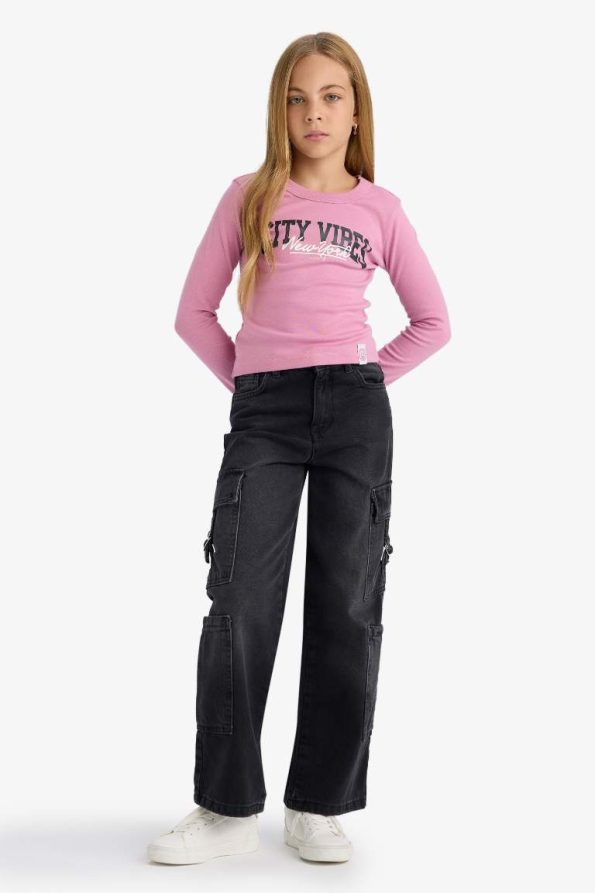 Girls' Slim Fit Printed Ribbed Long Sleeve T-Shirt